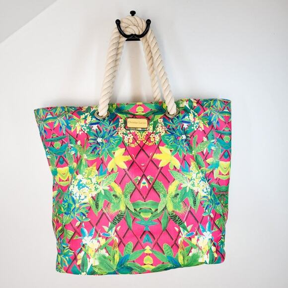 Christian Lacroix Tote Bag Pink Teal Tropical Floral Oversized Summer Beachy - Picture 1 of 6